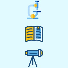 Icons about School And Education with telescope, open book and microscope