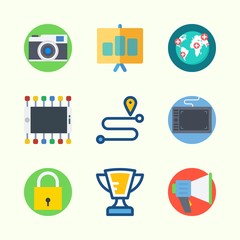 Icons about Digital Marketing with location, smartphone, worldwide, padlock, presentation and photo camera