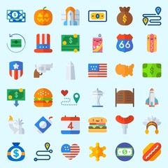 Icons about United States with location, space needle, money, route, hot dog and independent day