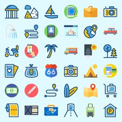 Icons about Travel with suitcase, suit case, location, toilet paper, tunnel and wallet