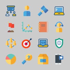 Icons about Business with teamwork, box, pie chart, shield, flag and search