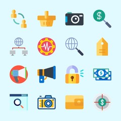 Icons about Commerce with wallet, megaphone, settings, target, network and money