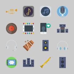 Icons about Music with speaker, vinyl, headphone, oboe, music file and trumpet