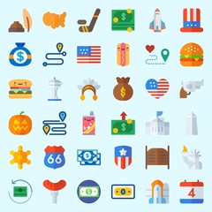 Icons about United States with salon, united states, money bag, pumpkin, sheriff and usa
