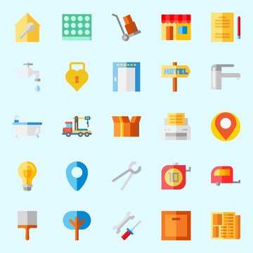 Icons about Real Assets with truck, online store, lab, crane, packaging and padlock