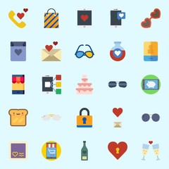 Icons about Romance Lifestyle with padlock, stamp, heart, love letter, toast and sunglasses