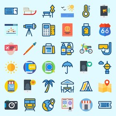 Icons about Travel with smartphone, snorkel, motorbike, ticket, sleigh and oxygen tank