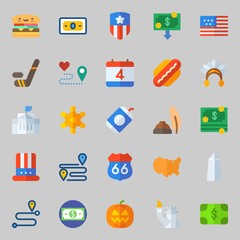 Icons about United States with washington monument, sheriff, hat, white house, hamburger and money