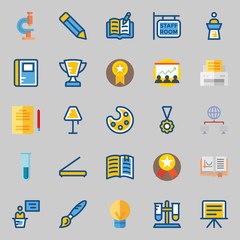 Icons about School And Education with paint palette, microscope, pencil, trophy, notebook and medal