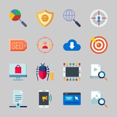 Icons about Seo with sharing archives, image, shield, tags, bug and zoom