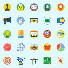 Icons about Digital Marketing with smartphone, trophy, worldwide, money, presentation and shopping bag