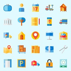 Icons about Real Assets with studying, pincers, map, lab, measuring and step ladder