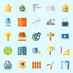 Icons about Real Assets with wheel chair, ventilation, padlock, plumbering, pruners and measuring