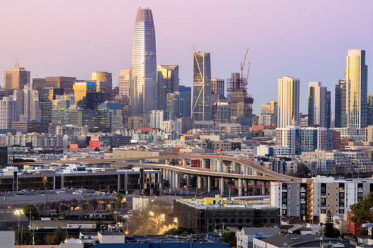 Highway to San Francisco. View of San Francisco downtown at dusk. Potrero Hill, San Francisco, California, USA.