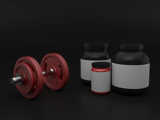 Obraz na płótnie Canvas 3d render on a black background with jars with sports nutrition and a dumbbell.