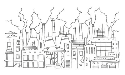 Industrial pollution big city panorama sketch. Hand drawn vector stock line illustration. Building landscape.