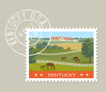 Kentucky postage stamp design. Vector illustration of horses grazing in green fields with stables in background. Grunge postmark on separate layer.