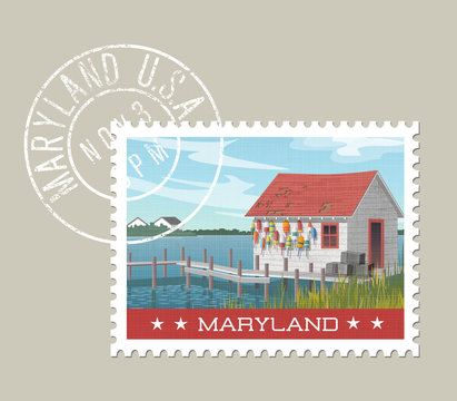 Maryland postage stamp design. Vector illustration of fishing shack, colorful buoys and pier at waters edge. Grunge postmark on separate layer.