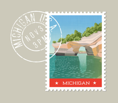 Michigan postage stamp design. Vector illustration of sandstone formations on Lake Superior shoreline. Grunge postmark on separate layer.