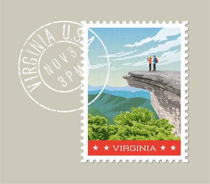 Virginia postage stamp design. Vector illustration of hikers on rock cliff on Appalachian trail. Grunge postmark on separate layer.