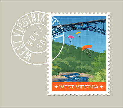 West Virginia postage stamp design. Vector illustration of parachute jumpers off of river gorge bridge. Grunge postmark on separate layer.