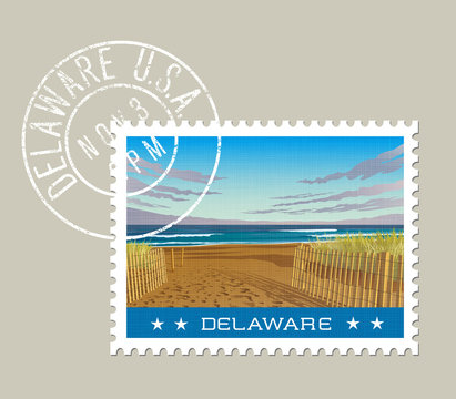 Delaware postage stamp design. Vector illustration of beach and ocean waves. Grunge postmark on separate layer.