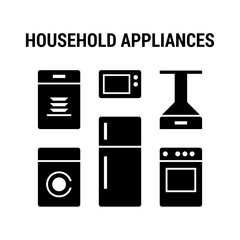 Household appliances icons set. Large. Flat. Black.