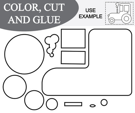 Create the image of tractor (transport) using scissors and glue. Educational paper game for children. Vector illustration.