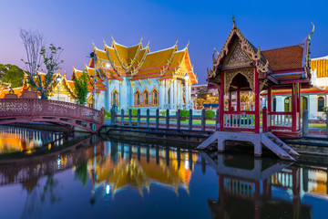 Wat Benjamaborpit or marble temple in Bangkok, Thailand with twilight sky