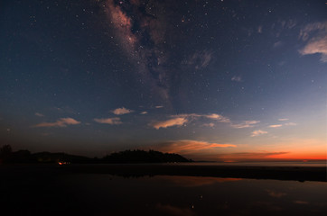 milkyway galaxy rise above lone tree at Kudat, Sabah Malaysia. Image contain soft focus, blur and...