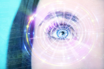 Abstract  eye with digital circle. Futuristic vision science and identification concept