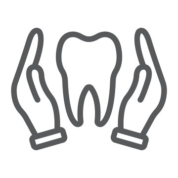 Hands holding tooth line icon, stomatology and dental, dental care sign vector graphics, a linear pattern on a white background, eps 10.