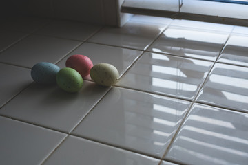 Easter eggs hanging in kitchen