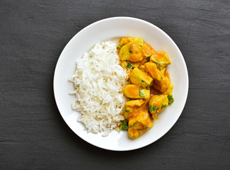 Chicken curry with rice, top view