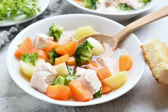 Soup from vegetable and chicken breast