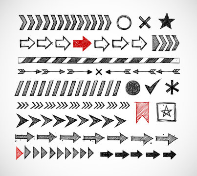 Set Of Doodle Arrow Dividers, Pointers, Danger Tape And Design Elements On White Background