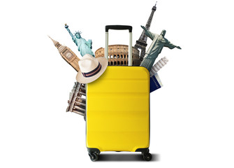 Yellow travel bag with world landmark, holiday and tourism