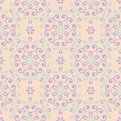 Floral seamless pattern. Beige background with violet and blue flower elements