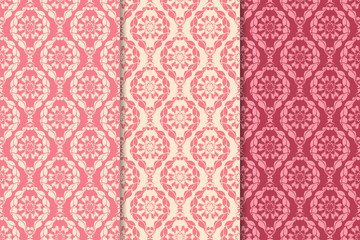 Set of red floral ornaments. Cherry pink vertical seamless patterns