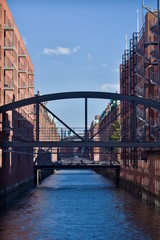 Reconstructed buildings of former warehouses in Speicherstadt - the largest historic warehouse district in the world, located in the HafenCity quarter, Hamburg.