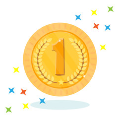 Gold medal champion. Golden 1st place badge on sport game. Round icon victory. Isolated on white background. Vector
