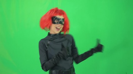 4k Green-screen red hair cat woman with mask dancing with likes and likes   - Powered by Adobe