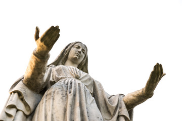 Obraz premium Statue of Our Lady on white background with open arms, seen from below. Concept and symbol of peace, religion, hope, mercy and faith