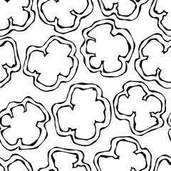 Seamless Pattern of Red, Orange, Green and Yellow Paprika Slices, Bell Pepper or Sweet Bulgarian Pepper Cuts. Isolated On a White Background. Hand Drawn Vector Illustration. Savoyar Doodle Style.
