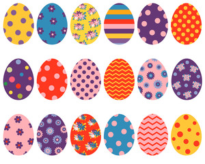 Colorful vector Easter eggs with flowers, dots and patterns for graphic design and backgrounds