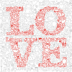 Hand drawn love doodle icons illustration on white