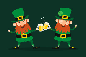 Saint Patrick's Day. Set of two funny Leprechauns with beer pints on green background.