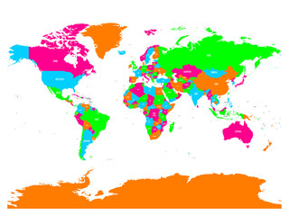 Colorful vector political map of World with country names and capital cities.