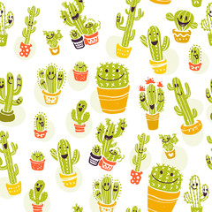 Vector seamless pattern with hand drawn cactus elements isolated on white background. Floral desert ornament, sketch, doodle style. Cacti icon. Perfect for cards, banners, packaging paper, prints etc.