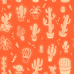 Vector seamless pattern with hand drawn cactus elements isolated on orange background. Floral desert ornament, sketch, doodle style. Cacti icon. Perfect for cards, banners, packaging paper, prints etc